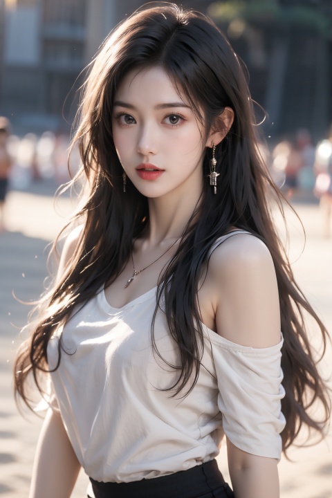  1girl, off-shoulder white shirt, black tight skirt, black choker, (faded ash gray hair:1), (at beach),looking at viewer, RAW photo, (photorealistic:1.37, realistic), highly detailed CG unified 8K wallpapers,(thick body:1.1),(((straight from front))), (HQ skin:1.8, shiny skin), 8k uhd, dslr, soft lighting, high quality, film grain, Fujifilm XT3, ((upper body:1.6)), (professional lighting:1.6),1 girl,by,tifa