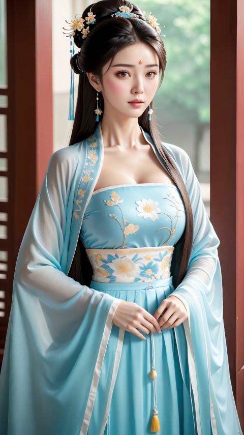  1girl,black hair,breasts,brown eyes,brown hair,chinese clothes,cleavage,collarbone,dress,earrings,floral print,flower,hair flower,hair ornament,light blue hanfu,jewelry,lips,long hair,looking at viewer,light blue dress,realistic,solo,standing,wide sleeves,,