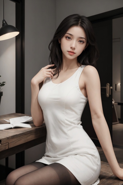  1girl,fashion model,female focus,pantyhose,(masterpiece, realistic, best quality, highly detailed, profession),asian,Charming eyes,exquisite facial features,white sleeveless_dress,pretty,dynamic pose,pantyshot,indoors,soft lightning,cinematic composition,blurry,plns,sw, Beyondv4-neg