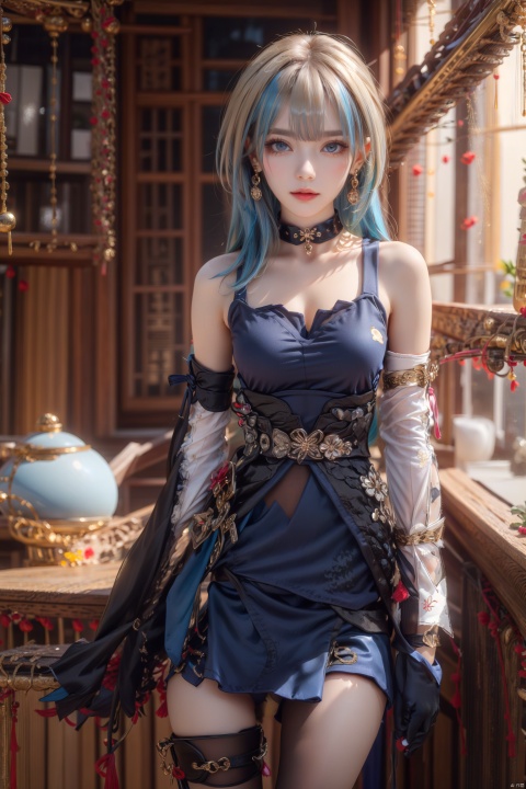  fine fabric emphasis, 1girl, looking at viewer, gloves, blue eyes, dress, breasts, chinese clothes, xiluwa, blonde hair, blue hair, multicolored hair, long hair, skirt, earrings, pantyhose, jewelry, asymmetrical sleeves, bare shoulders, black choker, bangs, Lightning tattoo, thigh_strap,