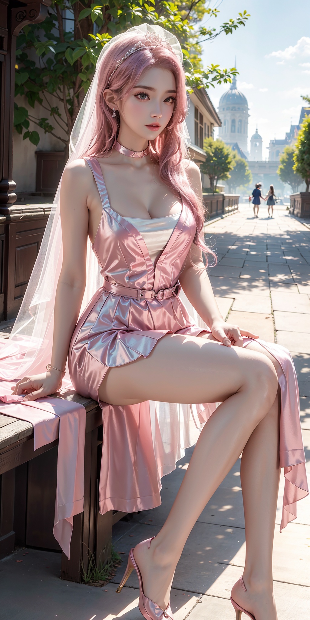 masterpiece,(best quality),official art, extremely detailed cg 8k wallpaper,((crystalstexture skin)), (extremely delicate and beautiful),highly detailed,1girl,solo,long hair,headwear,,sitting,sit down,sweet **ile,clothing,Outdoor, Street, Sunny,looking_at_viewer, (cleavage, medium breasts), upper body,white pantyhose,Lift one foot,Spread one's legs,glint sparkle,youyou,in a pink wedding dress,qzclothesdesign,tutult,bodysuit,yifu,curtains, pink,pink,pink,pink