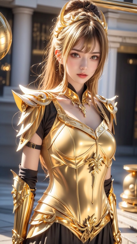  1 girl, (gold armor), (metal ball)