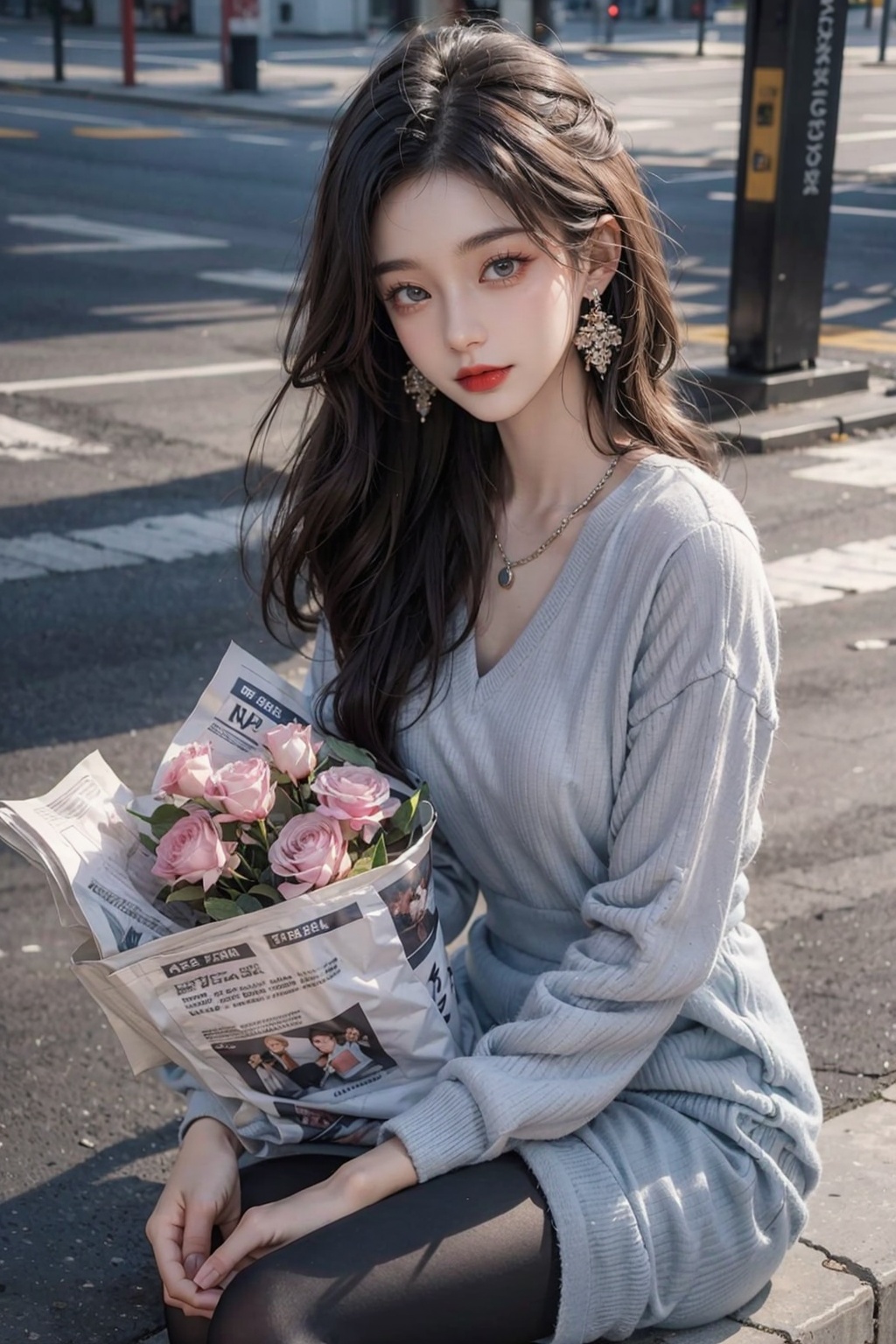 masterpiece, Original, Stand, a beautiful woman with a bouquet of flowers in her hand, long hair, wearing a suit on the upper body, light gray thick tights on the lower body, Bag, jewelry, Necklace, Earrings, Ring, rounded at the knees, waiting for someone, with a sweet smile, newspaper, The best quality, Ray tracing, 8k