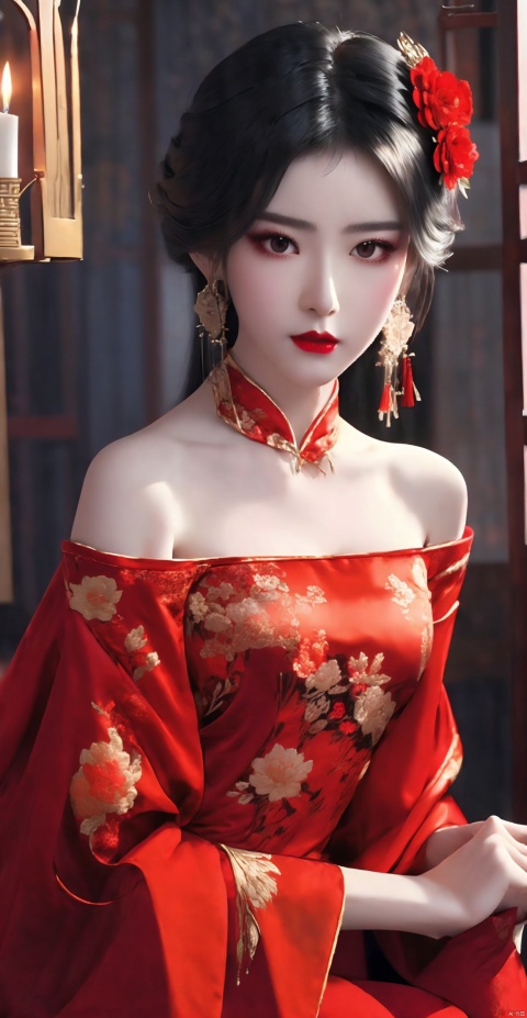  1girl,hair ornament,solo,flower,hair flower,candle,earrings,jewelry,black hair,black eyes,blurry,lips,red lips,looking at viewer,tassel,depth of field,makeup,realistic,(red_clothes:1.3),chinese clothes,floral print,upper body,medium breasts,off-the-shoulder,sitting,