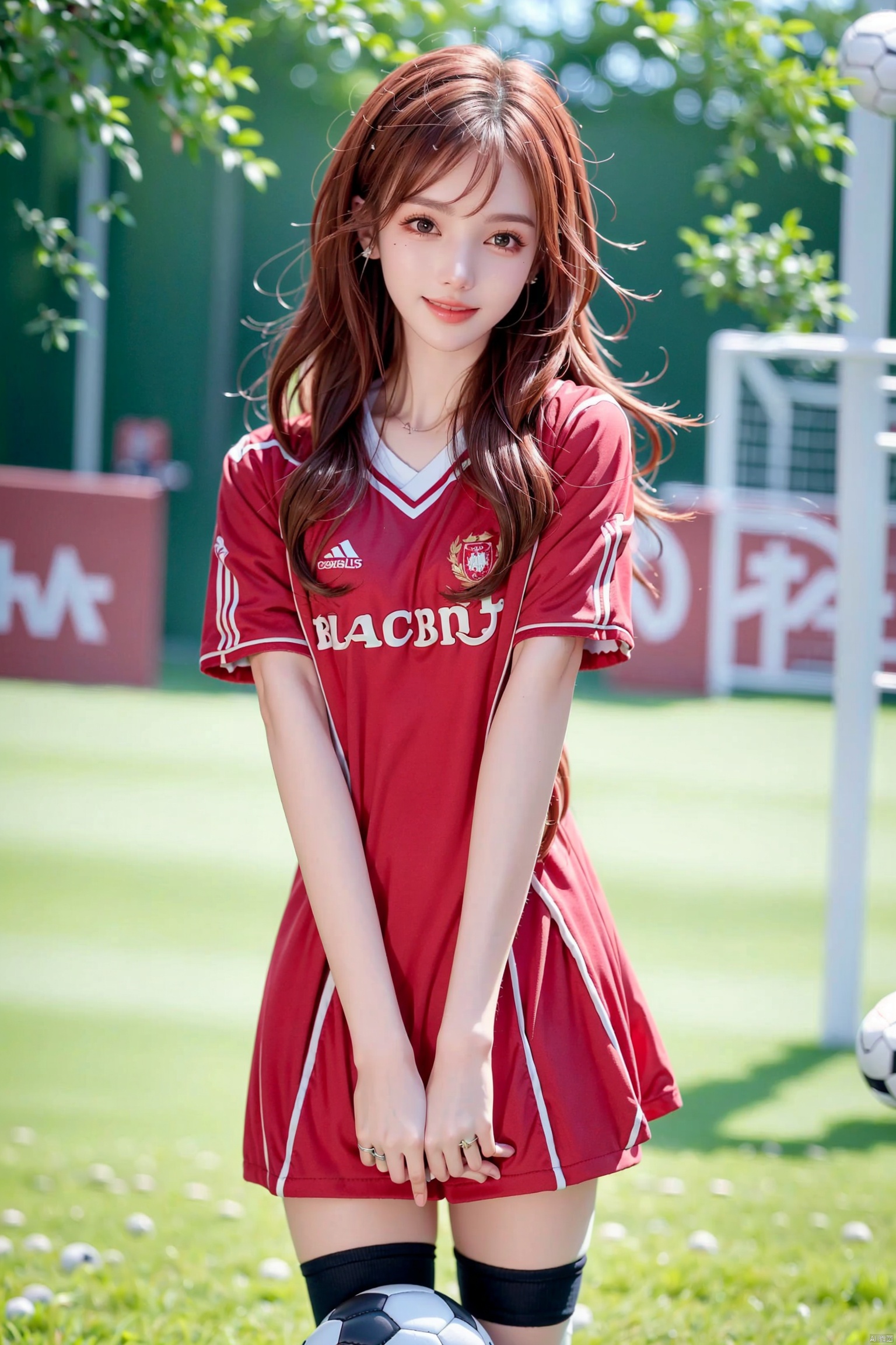  1girl,Full body image,sports shoes,long legs,pink hair, kind smile,looking_at_viewer, , (perfect body),(Soccer uniform: 1.6) (Soccer field: 1.5), futuaner,blackpantyhose,miniskirt,smile,long hair,bokeh,realistic,blurry, captivating gaze,natural light, shallow depth of field, romantic setting, dreamy pastel color palette, whimsical details, captured on film,. (Original Photo, Best Quality), (Realistic, Photorealistic: 1.3), Clean, Masterpiece, Fine Detail, Masterpiece , Ultra Detailed, High Resolution, (Best Illustration), (Best Shadows), Complex, Bright light,
, jinchen