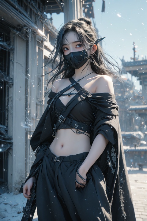  best quality,masterpiece,simple background,1girl,solo,solo focus,saori \(blue archive\),long hair,black hair,halo,(mouth mask:1.4),standing,looking at viewer,glowing eye,open clothes,off shoulder,coat,crop top,chest harness,black pants,thigh holster,snap-fit buckle,close-up,hand in pocket, (\shuang hua\)