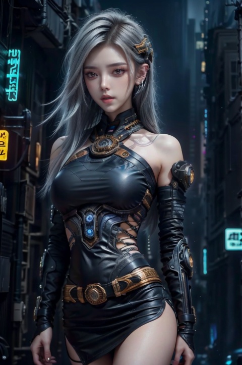 1girl,solo,jewelry,long hair,necklace,earrings,looking at viewer,cowboy shot,off shoulder,grey eyes,lips,parted lips,skirt,frills,,colorful,,,cyberpunk, city, skyscraper, skyline, night sky, background, neon lights, cityscape,A girl walking on the street,outdoor,
,baiyuekui,silver hair,cyborg,solo,kind smile