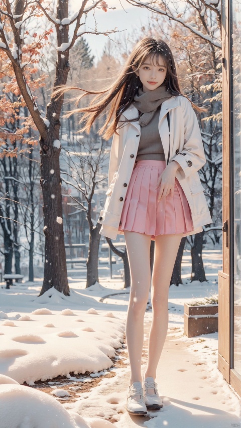  1 girl,Transparent skirt,pink face,stockings,(snow:1.2),(snowing:1.2),peach blossom,snow,solo,scarf,pink hair,smile,long hair,bokeh,realistic,long coat,blurry, captivating gaze, embellished clothing, natural light, shallow depth of field, romantic setting, dreamy pastel color palette, whimsical details, captured on film,. (Original Photo, Best Quality), (Realistic, Photorealistic: 1.3), Clean, Masterpiece, Fine Detail, Masterpiece, Ultra Detailed, High Resolution, (Best Illustration), (Best Shadows), Complex, Bright light, modern clothing, (pastoral: 1.3), smiling,standing,(very very short skirt:1.5),knee socks,(white shoes: 1.4),long legs, forest, grassland,(view: 1.3), 21yo girl, striped, wangyushan, capricornus, 1girl, light master