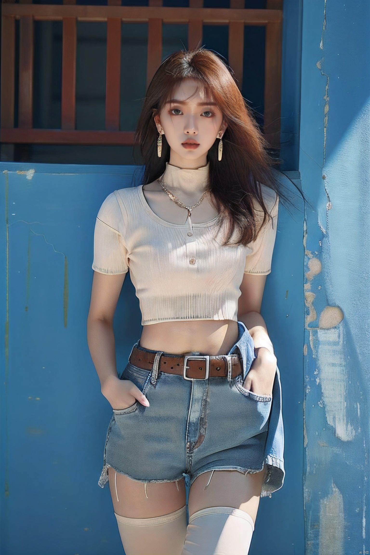  sdmai,lanmeng,1girl,solo,denim,shorts,navel,realistic,jewelry,earrings,thighhighs,long hair,denim shorts,belt,hand in pocket,brown hair,midriff,looking at viewer,short shorts,lips,partedlips,,