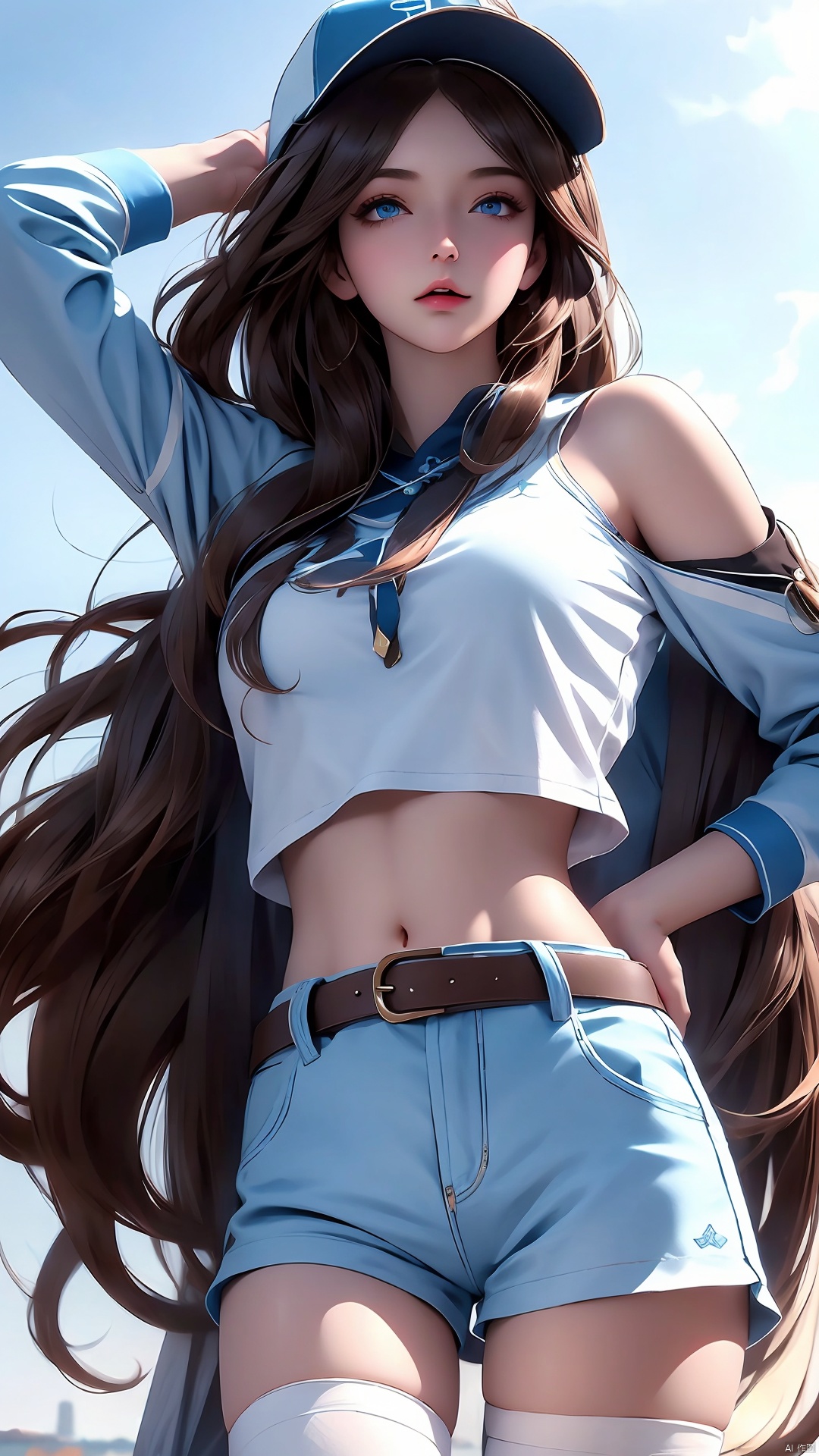  (best quality), ((masterpiece)), (highres), illustration, original, extremely detailed,1girl, solo, hat, shorts, blue eyes, brown hair, whistle, thighhighs, wristband, baseball cap, navel, long hair, midriff, short shorts, belt, shirt, hand on hip, lips, white shorts, white background, blue thighhighs, looking at viewer, tied shirt, simple background