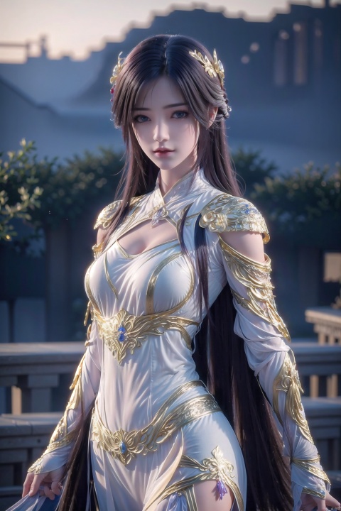  High quality, masterpiece, wallpaper, cinematic graphics,1girl,(( gold armor),blue eyes, breasts ,cowboy shot, medium breasts,standing, 1girl, , chang