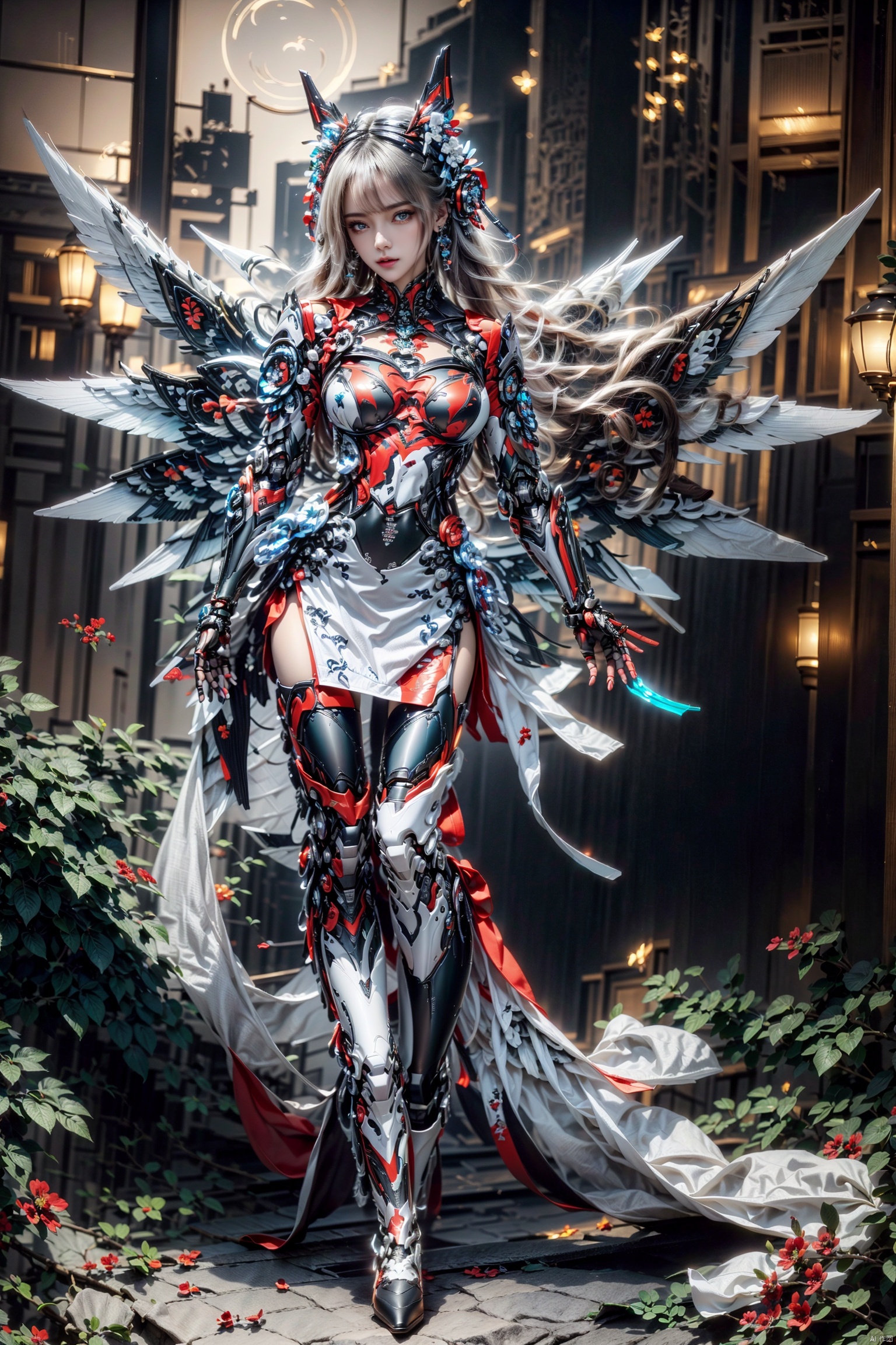  Masterpiece-level best_quality, concept artwork, a lonely solo girl, horn,,, centipede-like tentacles wrapped around, wearing red PVC shell, mechanical exoskeleton device equipment, creating avant-garde andterrifyingvisualeffect.,32k,,twolegs,Sideface,, ll-hd, See thru wet T shirt, , BY MOONCRYPTOWOW,HALO,PHYCHEDELIC,CYBERPUNK ROBOT,COMPLEX ROBOT, tianqi, white_hair,blue_eyes,white dress,((Mechanical wings)),high heels,fly, 1girl