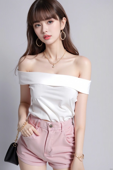 (best quality), ((masterpiece)), (highres), illustration, original, extremely detailed, 1girl, solo, brown hair, bag, jewelry, shorts, white background, blue eyes, looking at viewer, earrings, bare shoulders, simple background, shirt, collarbone, long hair, off shoulder, off-shoulder shirt, bracelet, hand in pocket, bangs, handbag, red shirt, cowboy shot, signature, blush, brown shorts, open mouth, shoulder bag, twitter username, necklace