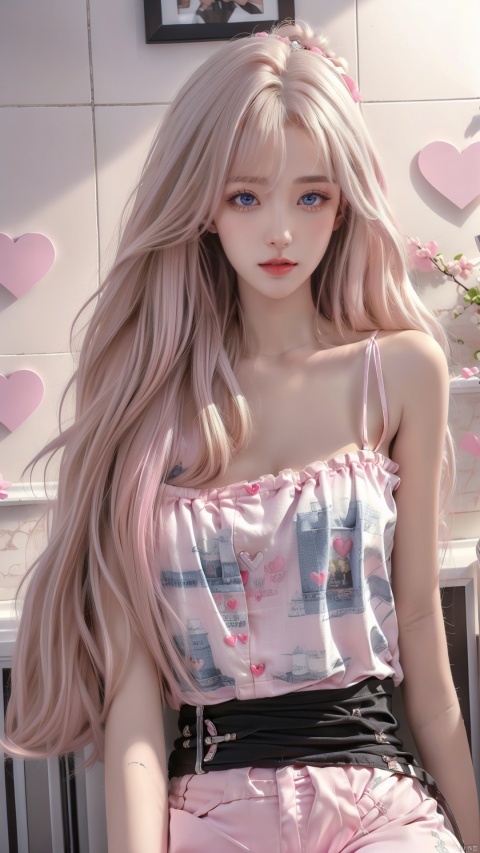  1girl,(((big breasts:1.2))),message hair,(oval face:1.2),lipgloss,the background is a white wall covered with newspapers and stickers,tiled background,(white_skin:1.4),indoor,roomi,the white wall,long hair,decorations,ribbon trim,neon,embellished costume,ornament,close_mouth,(happy_valentine:1.2),ornament,loose belt,(baby face:1.2),pose for the mirror,having a dual tone hair blend of light blue and light pink,(with long bangs covering one eye:1),eye_contact,glint,8k,masterpiece,best quality,Girl's face,makeup,fundoshi,mascara,(colored_eyelashes:1.1),,(The upper body includes the thighs:1.4),