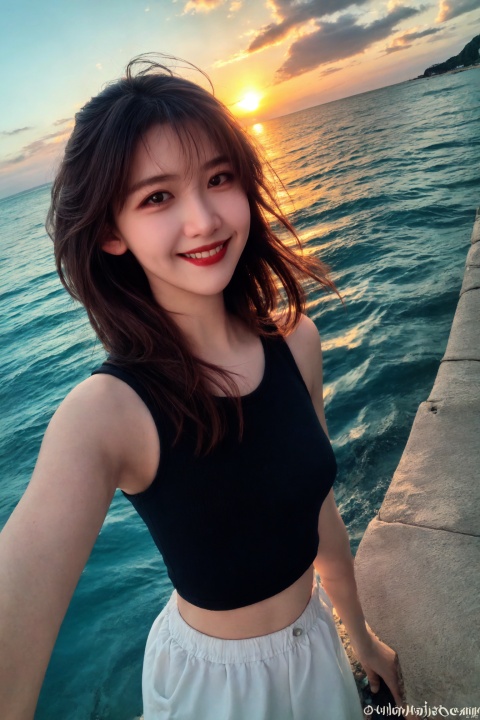  1girl, fisheye, selfie, sea, wind, messy hair, sunset, beach, (aesthetics and atmosphere:1.2), black tank top, medium_breasts, light smile, sufei