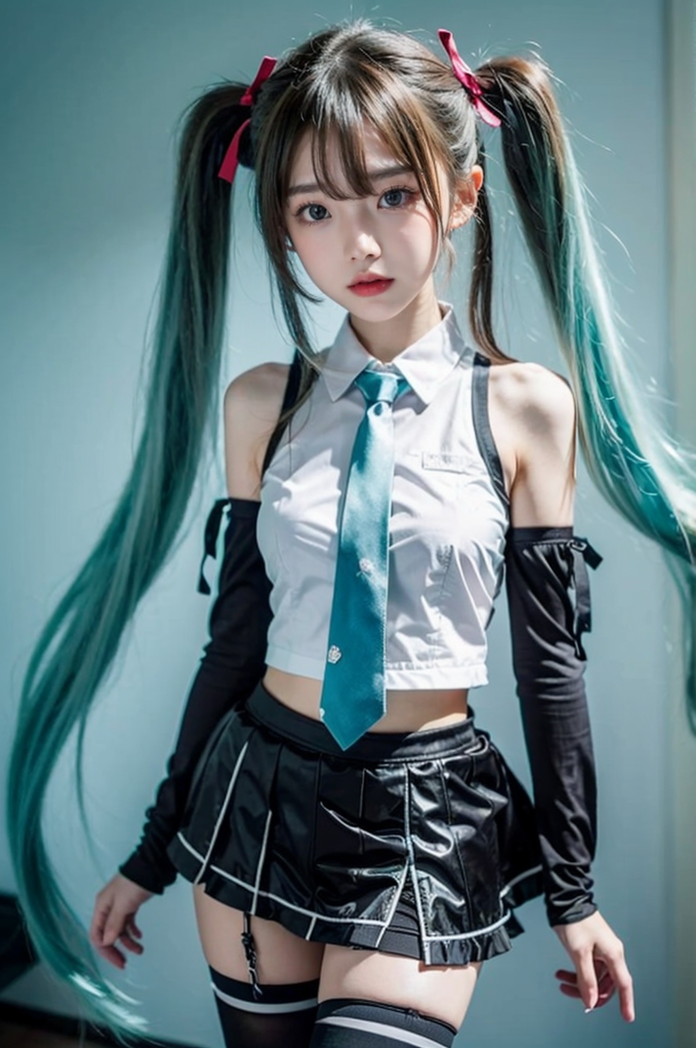 chuyinweilai, solo, 1girl, long hair, , twintails, necktie, skirt, detached sleeves, thighhighs, very long hair, aqua hair,