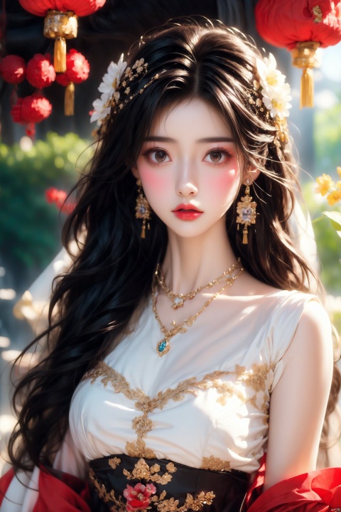  1 girl,Eyes are very delicate,ancient chinese beauties,Gorgeous lace golden white Hanfu,（（hair accessories））（（（veil）））,necklace,（（shiny skin））a garden with many flowers,（（（masterpiece）））, （（best quality））, （（intricate details））, （（surreal））（8k）