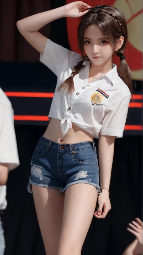  1girl, solo, long_hair, looking_at_viewer, brown_hair, shirt, brown_eyes, white_shirt, braid, short_sleeves, cowboy_shot, shorts, midriff, lips, short_shorts, single_braid, own_hands_together, denim, t-shirt, denim_shorts, white_shorts, realistic, cutoffs,cutout below navel,blush,Spread one's legs,,An exaggerated expression,Watching the audience,Lying down, Watching the audience,Lying down, Face Score