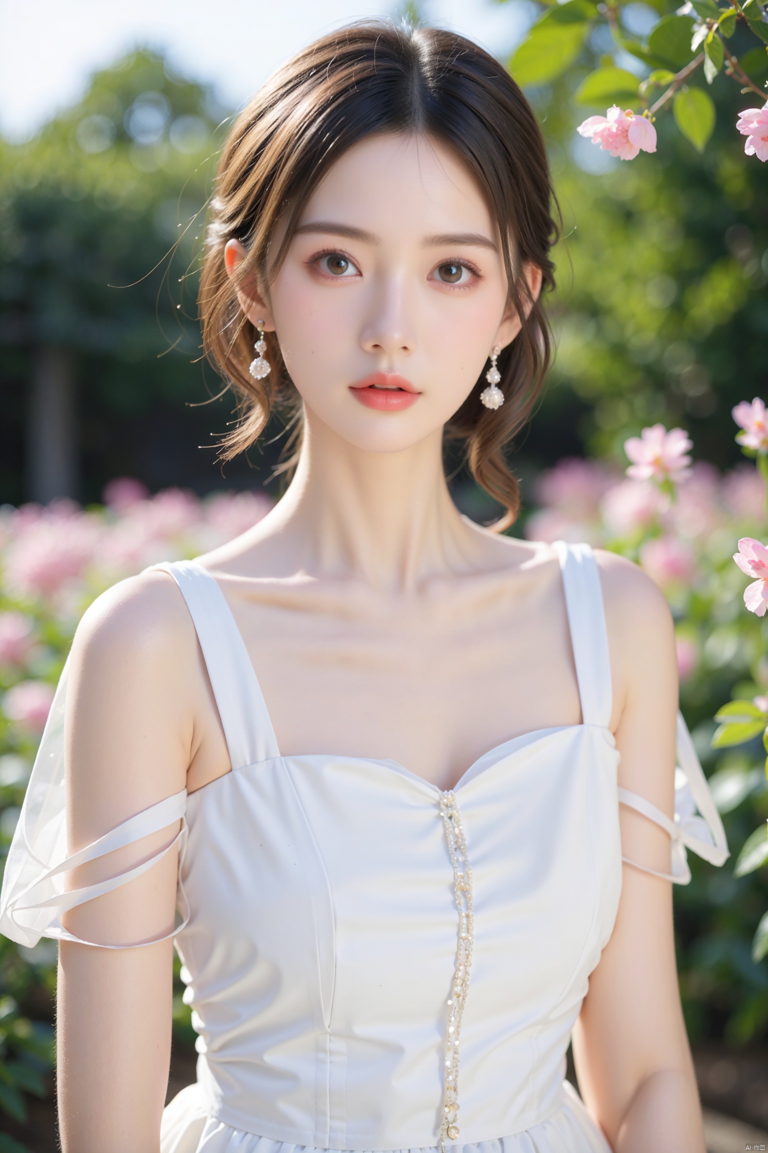  (masterpiece, best quality:1.2),illustration,absurdres,highres,extremely detailed,1 girl,white short hair,eye highlights,dress,short puffy sleeves,frills,outdoors,flower,fluttering petals,upper body,depth of field,chromatic aberration abuse,pastel color,Depth of field,garden of the sun,shiny,,, (masterpiece:1.2), (best quality:1.2),(high quality:1.2),(realistic:1.2), (photorealistic:1.2) ,(official art:1.2),(extremely detailed:1.2),
