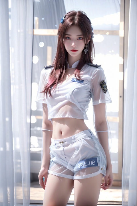  High quality, masterpiece, 1Girl, Earstuds, blue eyes,Earstuds, blue eyes, black hair, short hair,(translucent white police uniform: 1.5), navel exposed, (translucent shorts: 1.3), thigh exposed, (supermodel pose),smile,(solo),（Different postures）,Pink hair,(Perfect hand lines),, 1 girl, , yeqinxian, jujingyi, christmas, 1girl,high_heels