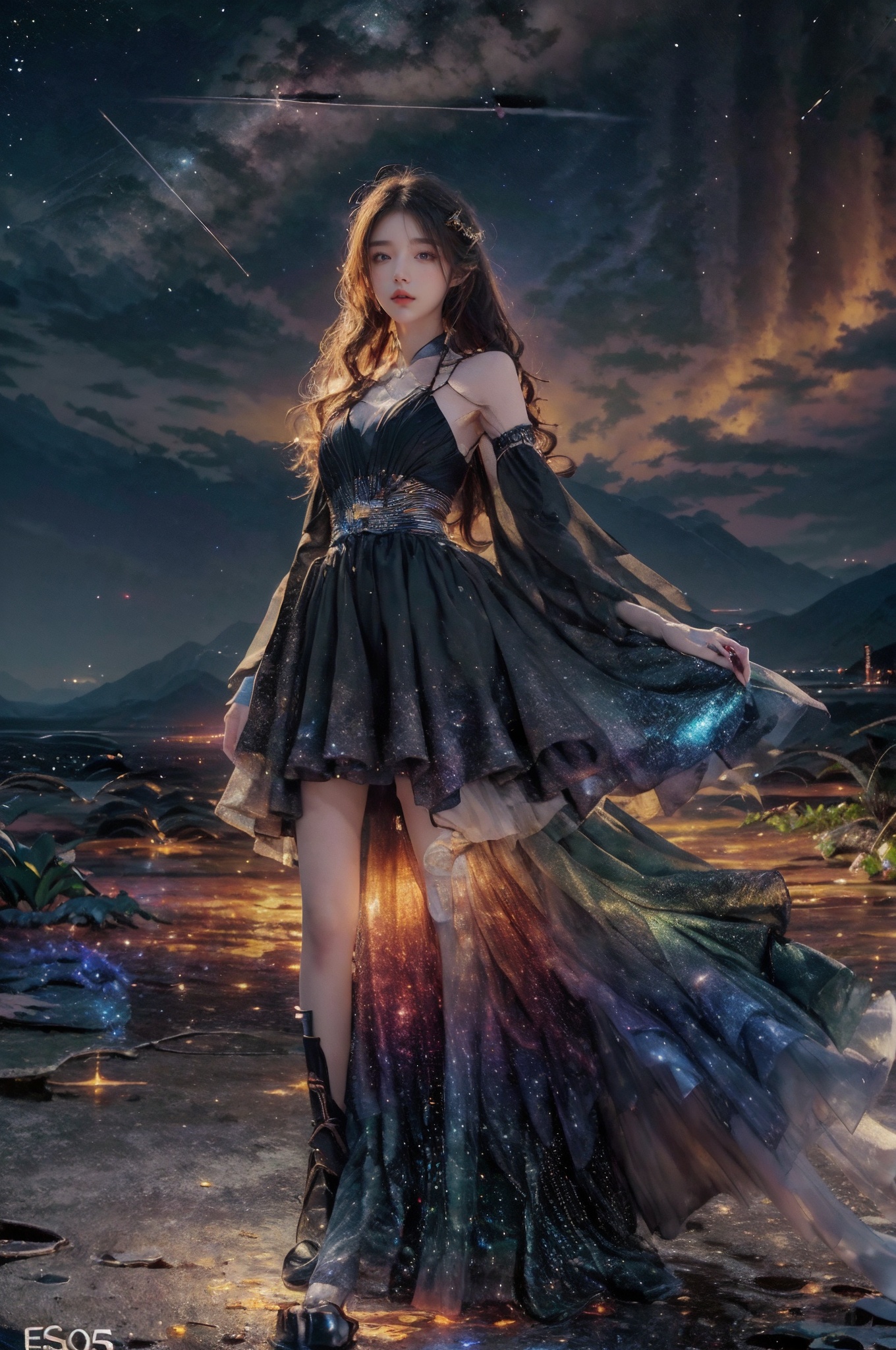 HDR, UHD, 8K, Highly detailed, best quality, masterpiece, 1girl, realistic, Highly detailed, (EOS R8, 50mm, F1.2, 8K, RAW photo:1.2), ultra realistic 8k cg,floating and rainbow long hair,Iridescence and rainbow, beautiful detailed starry sky,yuechan,dress,solo.full body,cyborg,tutuwl,hand101,bai\(yang\)