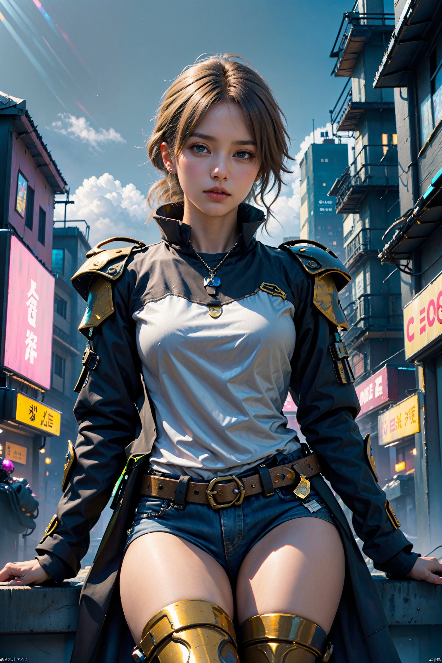  High quality, masterpiece, wallpaper, cinematic graphics,(gold armor),blue eyes, breasts,thighs,cowboy shot, medium breasts,sitting,1girl, Zotac aso