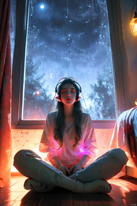  fine art, oil painting, amazing sky, . European Hippie Girl meditating in her room, dreaming, Wear headphones, night lights, Neon landscape on a rainy day, Analog Color Theme, Lo-Fi Hip Hop , retrospective, flat, 2.5D