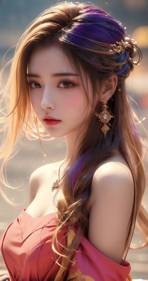  1girl,Bangs, off shoulder, colorful_hair, ((colorful hair)),golden dress, yellow eyes, chest, necklace, pink dress, earrings, floating hair, jewelry, sleeveless, very long hair,Looking at the observer, parted lips, pierced,energy,electricity,magic,tifa,sssr,blonde hair,jujingyi, wangyushan, dofas, 1 girl