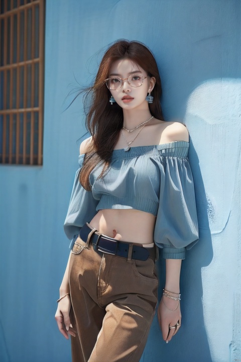 sdmai,lanmeng,1girl,solo,jewelry,realistic,long hair,necklace,belt,pants,bracelet,glasses,brown hair,blue shirt,off-shoulder shirt,shirt,ring,midriff,round eyewear,earrings,looking at viewer,parted lips,off shoulder,bare shoulders,navel,standing,