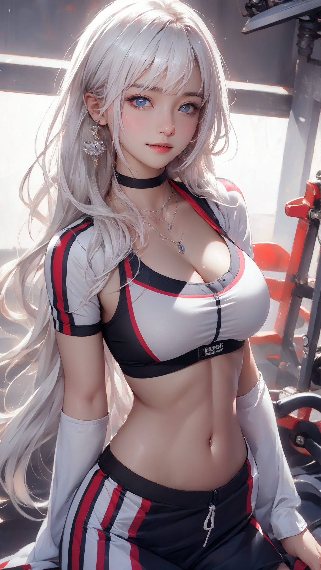 The highest image quality, RAW photogr, 超高分辨率, gently smiling, 16 years old Korean, Big breasts, Giant cleavage, Fair skin, Shiny white skin, a short bob, Light silver hair, Match neatly with bangs, Cropped T-shirt, track suit, running shorts, beautidful eyes, beautiful eyes of random colors, Very thin lips, beautiful eyes with details, Elongated eyes, pale pink cheeks, long eyelasher, beautiful double eyelid, eye shadows, Beautiful thin legs, Beautiful navel, Beautiful abs, Beautiful ribs, Earrings, choker necklace, Training room, gym,1 girl,tutult