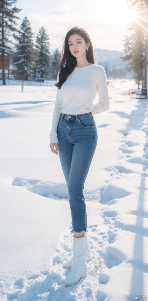  Full-body photos of a girl, Winter, realism, HD 16k, snow, winter,sexy Short 
 jeans, light master,Huge flowers, bare long legs,light rays,
snowfield,snow mountain, transparent