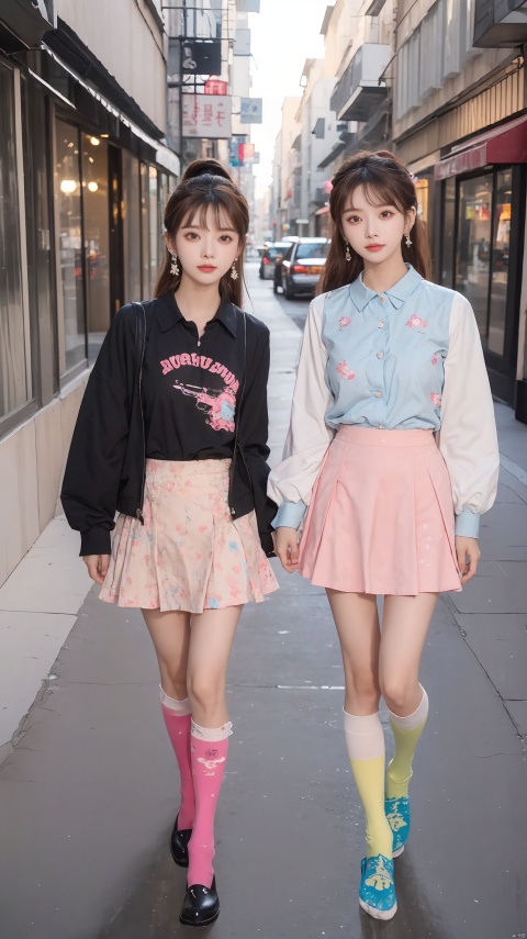  (2_girls::2.2),twins,kind smile, (Realisticity::1.4),Cinematic Lighting,illustrated collared shirt combined with a pastel-colored, (whimsy-printed flared skirt. Style with quirky accessories like statement earrings and colorful socks.::1.5),ambient light,korean mixed,(kpop idol::1.2),earrings,(ponytail::1.2),long_brown_wavy_hair,Dynamic pose, wangyushan