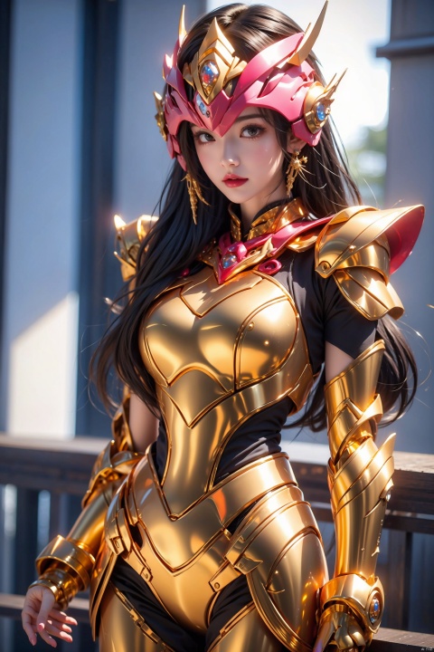  1 girl, science fiction armor,sexy,thighs,Pink Mecha, gold armor