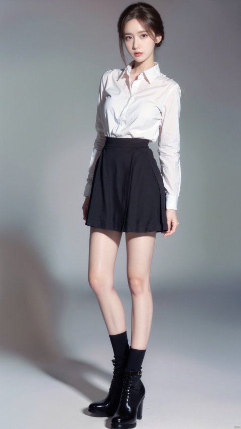  best quality, masterpiece, ultra-detailed, moody lighting, 1girl, solo, skirt, black footwear, full body, standing, grey background, long sleeves, sleeves past wrists, long skirt, shirt, bangs, looking at viewer, green skirt, black shirt, black hair, simple background, shoes, closed mouth, socks, brown hair, lips, brown eyes, skirt hold, medium hair, legs apart, black socks, aqua skirt, boots, fashion, gradient