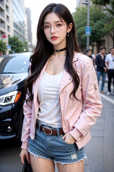  1girl, solo, long hair, breasts, looking at viewer, bangs, shirt, long sleeves, hair between eyes, jewelry, closed mouth, blue hair, standing, jacket, white shirt, pink hair, multicolored hair, outdoors, open clothes, shorts, choker, belt, blurry, open jacket, streaked hair, black jacket, short shorts, depth of field, blurry background, black choker, sunglasses, denim, ground vehicle, building, motor vehicle, denim shorts, city, hands in pockets, car, road, leather, tinted eyewear, cutoffs, street, leather jacket, looking over eyewear, aviator sunglasses