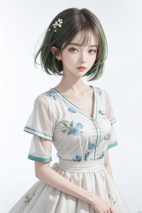  blunt bangs, masterpiece, best quality, best illustration, ultra-detailed, upper body, solo, 1 girl, looking at viewer, upright, arms at sides, beautiful detailed eyes, concept art, white background, simple background, white hair, green gradient hair, short sleeves, watercolor pencil, expressionless, blush, virtual youtuber, short hair, tm, wangyushan, liuyifei