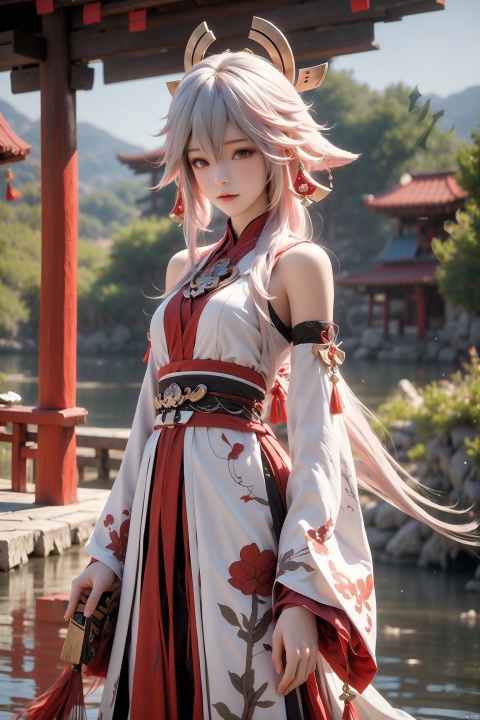  A beautiful girl with silver white hair and a great figure. She has a pavilion, a small bridge, flowing water, willows, mountains, and grasslands, cozy animation scenes, 2D ConceptualDesign, yae miko, chang, bachong,long sleeves