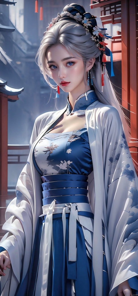  ((best quality)), ((masterpiece)), ((ultra-detailed)), extremely detailed CG, (illustration), ((detailed light)), (an extremely delicate and beautiful), a girl, solo, ((upper body,)), ((cute face)), expressionless, (beautiful detailed eyes), full breasts, (medium breasts:1.2), blue dragon eyes, (Vertical pupil:1.2), white hair, shiny hair, colored inner hair, [Armor_dress], blue_hair ornament, ice adorns hair,depth of field, [ice crystal], (snowflake), [loli], [[[[[Jokul]]]]], 21yo girl, chinese dress
