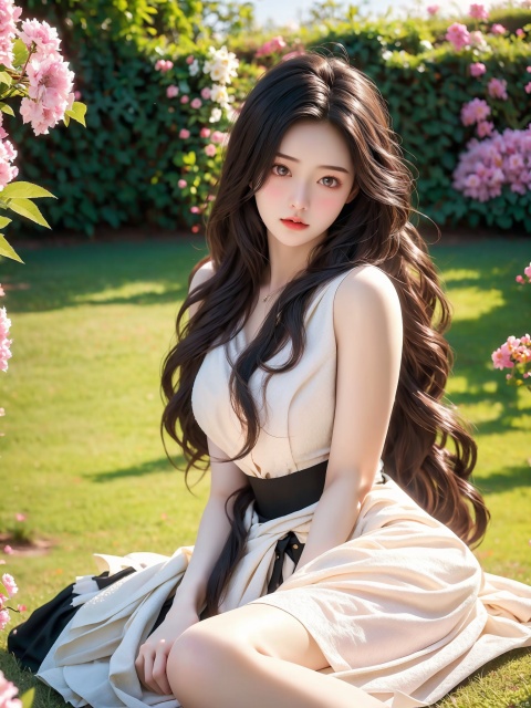  masterpiece, 1 girl, 16 years old, Maiden, Look at me, Lovely, Long hair, Black hair, Outdoor, Garden, Soft light, Angel, White broken flower skirt, Huge flowers, textured skin, super detail, best quality, 8k