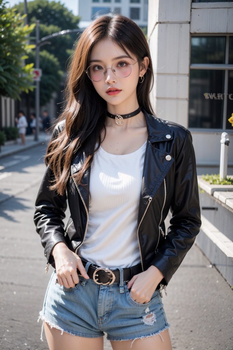  1girl, solo, long hair, breasts, looking at viewer, bangs, shirt, long sleeves, hair between eyes, jewelry, closed mouth, blue hair, standing, jacket, white shirt, pink hair, multicolored hair, outdoors, open clothes, shorts, choker, belt, blurry, open jacket, streaked hair, black jacket, short shorts, depth of field, blurry background, black choker, sunglasses, denim, ground vehicle, building, motor vehicle, denim shorts, city, hands in pockets, car, road, leather, tinted eyewear, cutoffs, street, leather jacket, looking over eyewear, aviator sunglasses