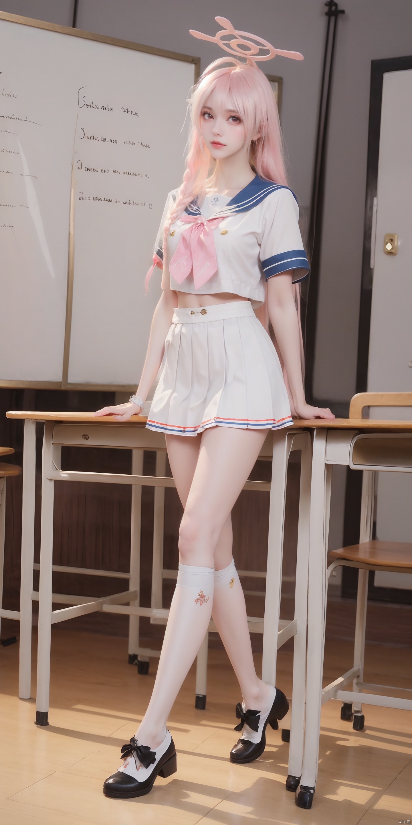  HZ,1girl,solo,pink hair,braid,halo,skirt,cosplay,kneehighs,sailor collar,school uniform,twin braids,long hair,black footwear,looking at viewer,v,serafuku,white skirt,pleated skirt,realistic,shoes,
short sleeves,bow,blue sailor collar,hair between eyes,white serafuku,pink bow,
watch,indoors,desk,chair,bag,classroom,
bangs,
pink neckerchief,neckerchief,chalkboard,wooden floor,(raw photo:1.2),((photorealistic:1.4))best quality,masterpiece,illustration,an extremely delicate and beautiful,extremely detailed,CG,unity,8k wallpaper,Amazing,finely detail,masterpiece,best quality,official art,extremely detailed CG unity 8k wallpaper,absurdres,incredibly absurdres,huge filesize,ultra-detailed,highres,extremely detailed,beautiful detailed girl,cinematic lighting,1girl,pale skin,tall female,(perfect body shape),skinny body,Slender legs,, pale skin,tall man,long legs,thin leg,