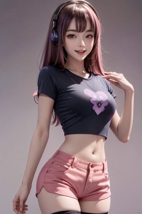  1girl,solo,shirt,shorts,purple hair,navel,purple eyes,long hair,smile,thighhighs,short shorts,looking at viewer,open mouth,midriff,pink shirt,headphones,black thighhighs,crop top,short sleeves,black shorts,cowboy shot,collarbone,:d,simple background,purple background,breasts,multicolored hair,stomach,purple shirt,thighs,holding,blush,purple background,standing,print shirt,bangs,clothes writing,teeth,
