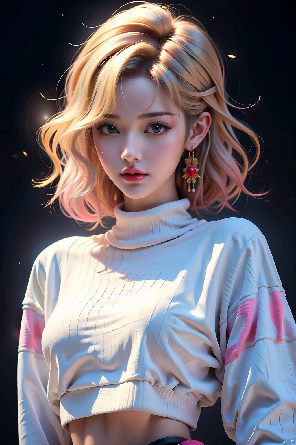  illustrator, anime, realistic, 1girl, lip, Sweater, order, Yellow gradient background, Neon hair, Textured crop, Canadian, (masterpiece, best quality), (\meng ze\),Punk