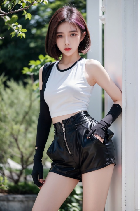  DSLR, (Good structure), HDR, UHD, 8K, chunyeying, haruno sakura, 1girl, solo, pink hair, white background, bike shorts, shorts, gloves, short hair, black gloves, green eyes, simple background, sleeveless, standing, black shorts, looking at viewer, bandages, bandaged leg, closed mouth, leaning forward, red shirt, shirt, skirt, guanzhilin