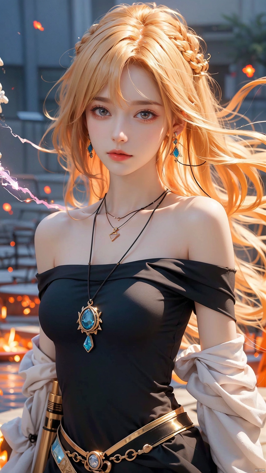  DSLR, (Good structure), HDR, UHD, 8K, 1girl,Bangs, off shoulder, colorful_hair, ((colorful hair)), , chest, necklace, earrings, floating hair, jewelry, sleeveless, very long hair,Looking at the observer, parted lips, pierced,energy,electricity,magic,sssr,blonde hair, Detail, eluosi