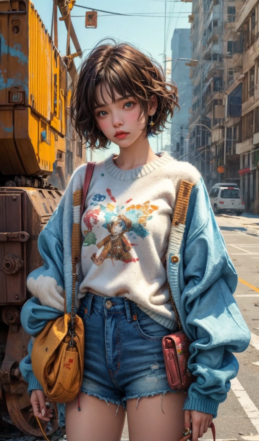 A girl,  standing,  Doomsday trash,  short hair,  sweater,  worn-out sweater,  slightly mech embellished,  high quality,  8k,  , watercolor, machinery, bichu, concept, bichu, machinery,  Mecha, 
