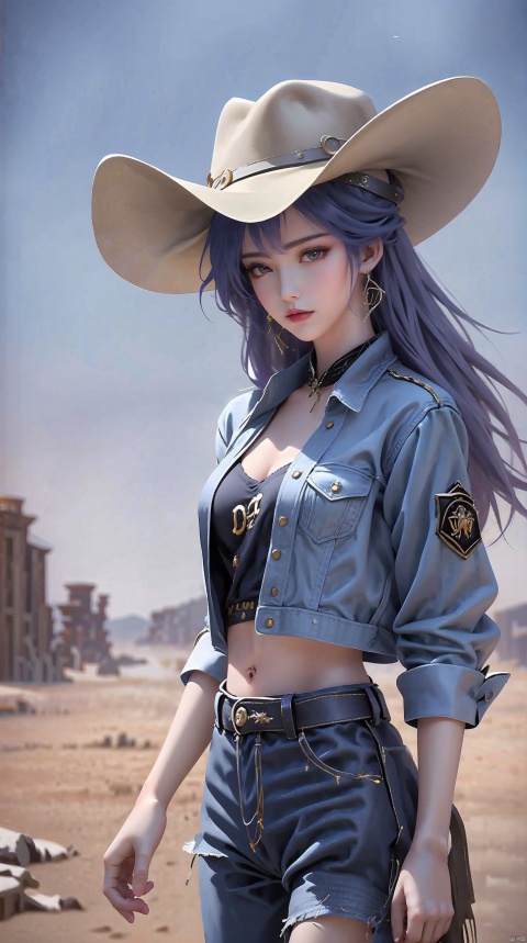  A girl, American Western architecture, Cowboy Hat, cowboy west, day, Denim, desert, dirty, hat, jacket, long hair, outdoors, sky, solo, Upper body, tq