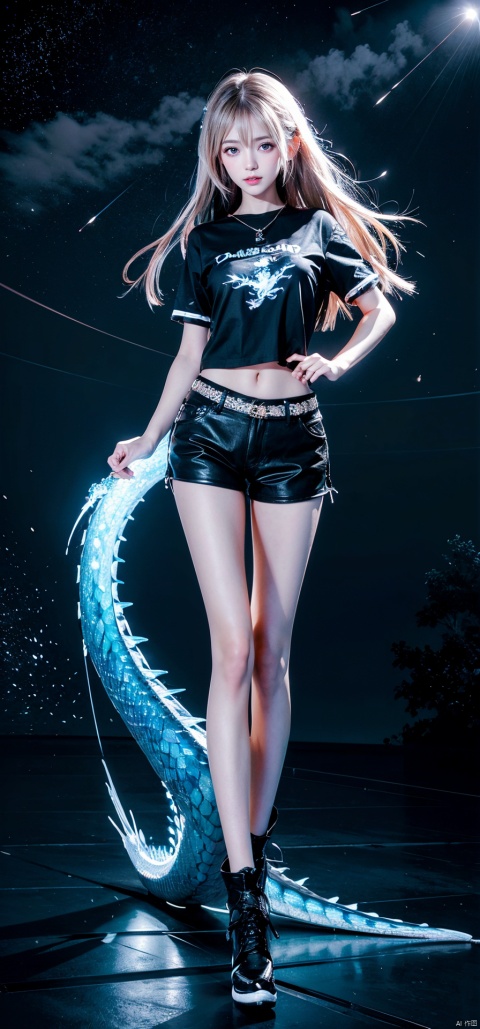  (a gilr, full body,wihte long hair,short sleeves, shorts),(a glowing blue dragon,covered in blue flames), starry sky, shooting stars, moon, twinkling light, ll-hd, 1girl