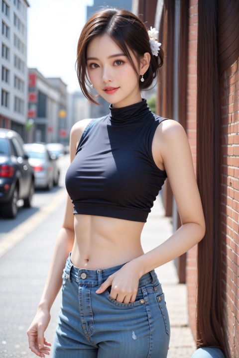  sdmai, chaziyanhong, , 1woman, bodycon crop top and jeans, on a street, smiling, cinematic, professional photography, photogenic, natural lighting, bob hair, flat bangs, brown hair