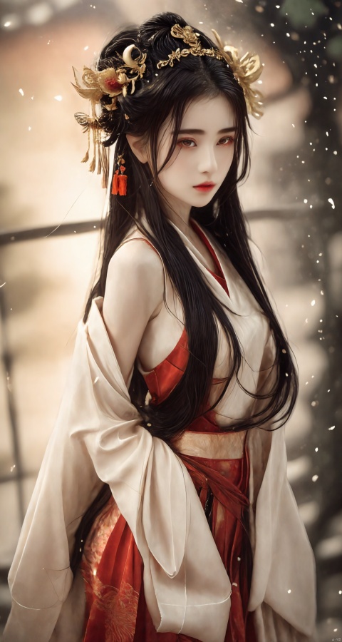  "Sword Spirit", 3D, magical realism, shallow depth of field, environmental occlusion, mighty and domineering golden dragon, frontal angle, healing breeze, golden light, Mandarin, flower, JMLong, particles,dragon, yue , hair ornament , hanfu, glowing eyes_scale_dragon horn, gym uniform,jmlm-jmlmdress, dofas, jujingyi